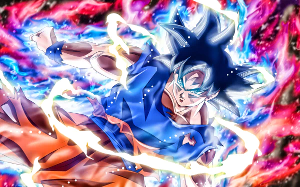 HD desktop wallpaper featuring Goku in Ultra Instinct form from Dragon Ball Super, showcasing vibrant colors and dynamic energy effects.
