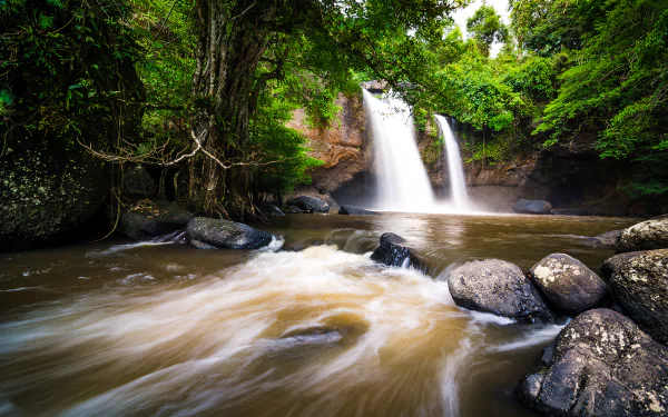 HD desktop wallpaper capturing a serene forest river flowing over a twin waterfall surrounded by lush green trees and smooth rocks.
