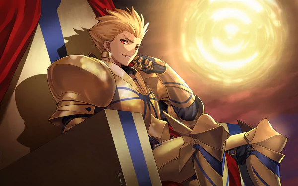 Gilgamesh from Fate/Zero, seated on a throne in golden armor with blonde hair and red eyes, depicted in a vibrant HD anime wallpaper background.