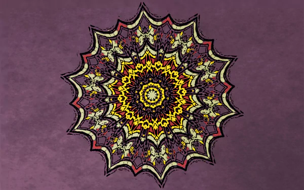 Abstract kaleidoscope design with intricate yellow, red, and black patterns radiating from the center on a textured purple background, presented as an HD PC desktop wallpaper.