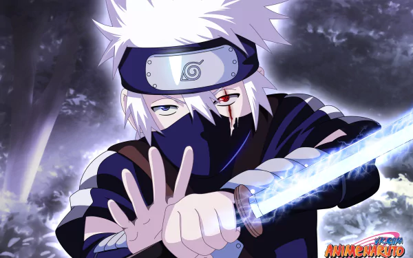 HD wallpaper of Kakashi Hatake from Naruto, depicting him in a forest at night, performing a hand sign while holding a sword.