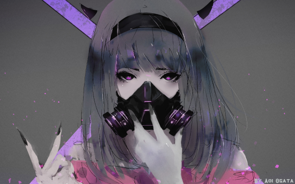 Anime Original Gas Mask Long Hair Purple Eyes Horns HD Wallpaper | Background Image
