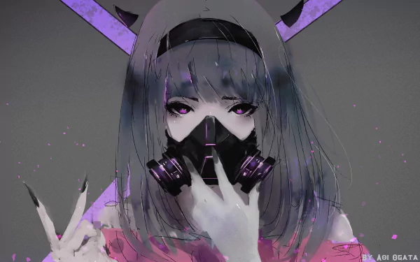 An anime character with long hair, purple eyes, and a gas mask, featuring horns and a hand making a peace sign. The image is a HD desktop wallpaper and background with a signature by Aoi Ogata.