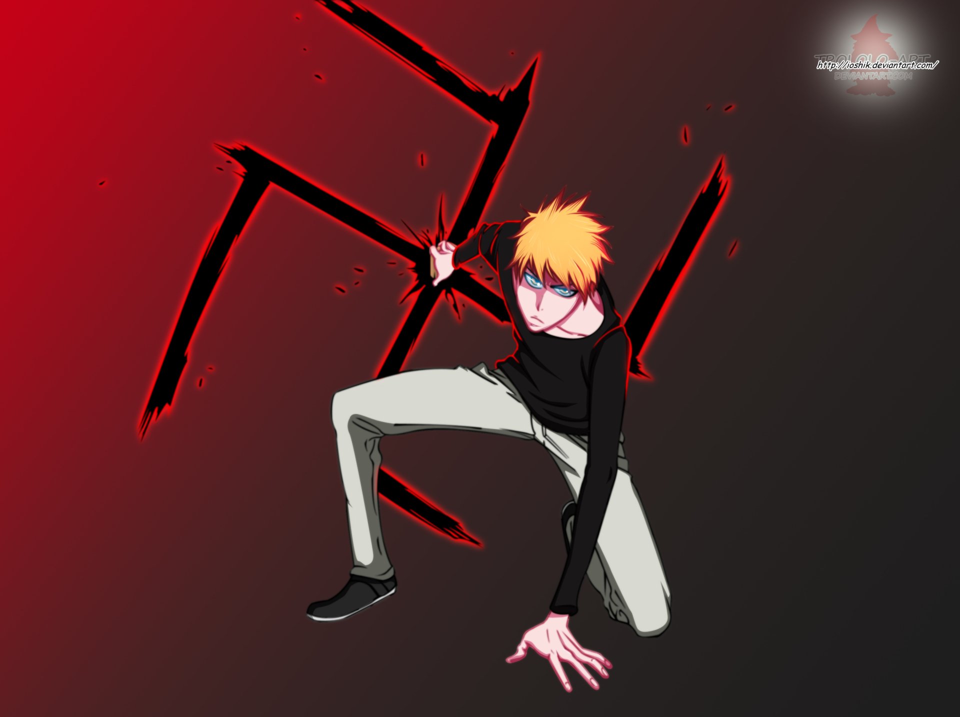 Ichigo Kurosaki (Bleach) crouches with his sword drawn against a red-black backdrop — 2K Quad HD PC desktop wallpaper background.