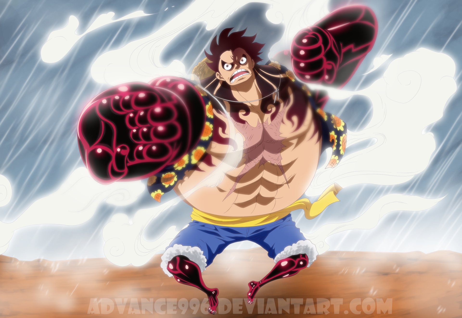 Monkey D. Luffy in Gear Fourth, roaring with swollen arms in a rain-swept battleground — One Piece 2K Quad HD PC desktop wallpaper/background.