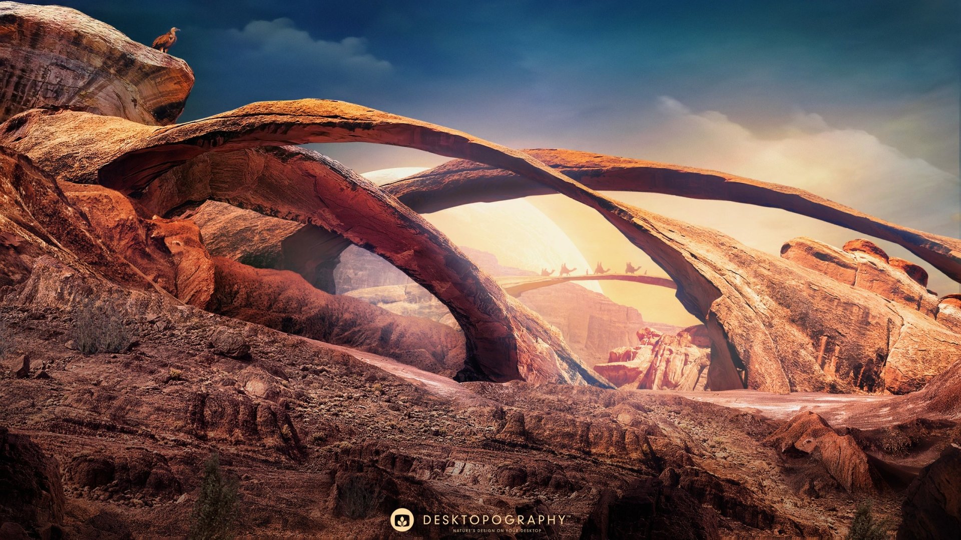 A stunning HD fantasy landscape featuring artistic rock arches and rugged terrain, designed as a vibrant Desktopography PC desktop wallpaper and background.