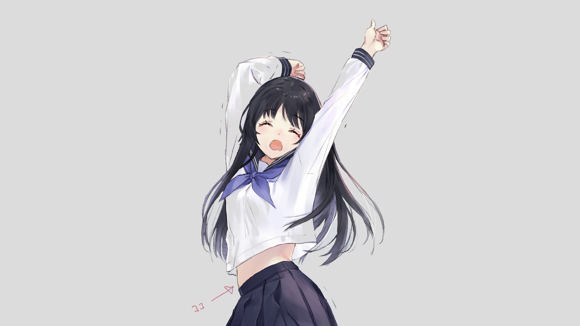 Original anime HD PC desktop wallpaper of a girl in a school uniform stretching and smiling against a pale gray background.