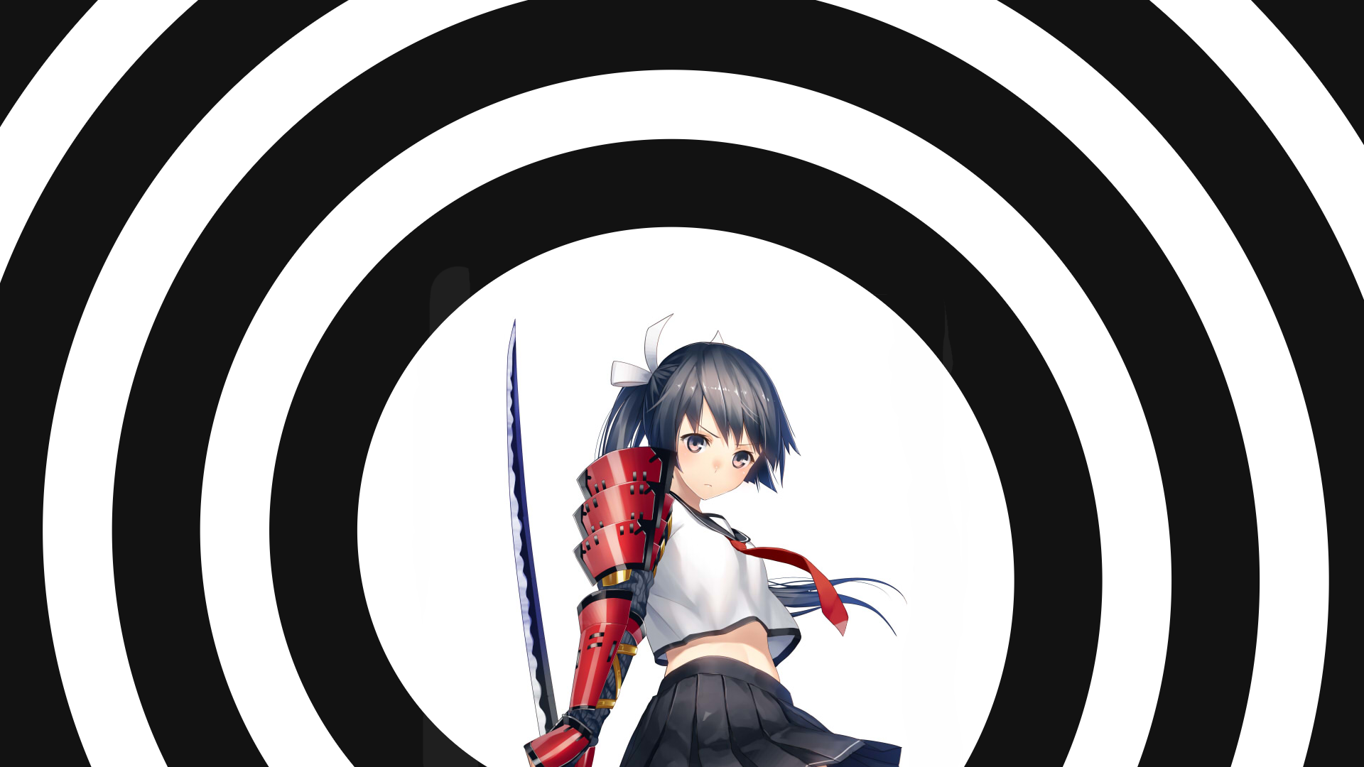 Original Anime character with short dark hair, red armored arm and sword centered on concentric black-and-white rings — HD PC desktop wallpaper/background