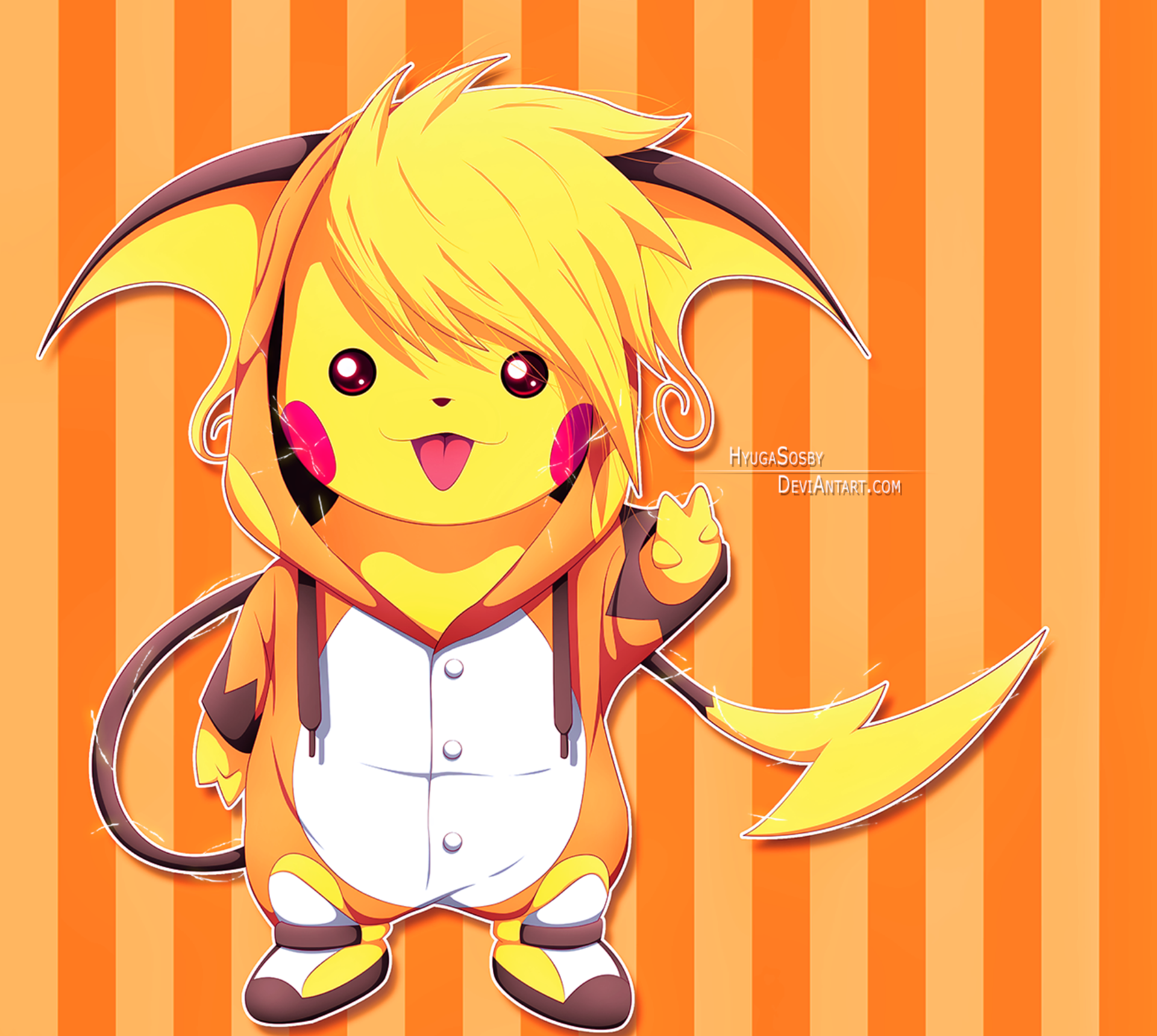 HD anime-style desktop wallpaper featuring Pikachu wearing a hoodie with bat-like ears, set against an orange striped background.