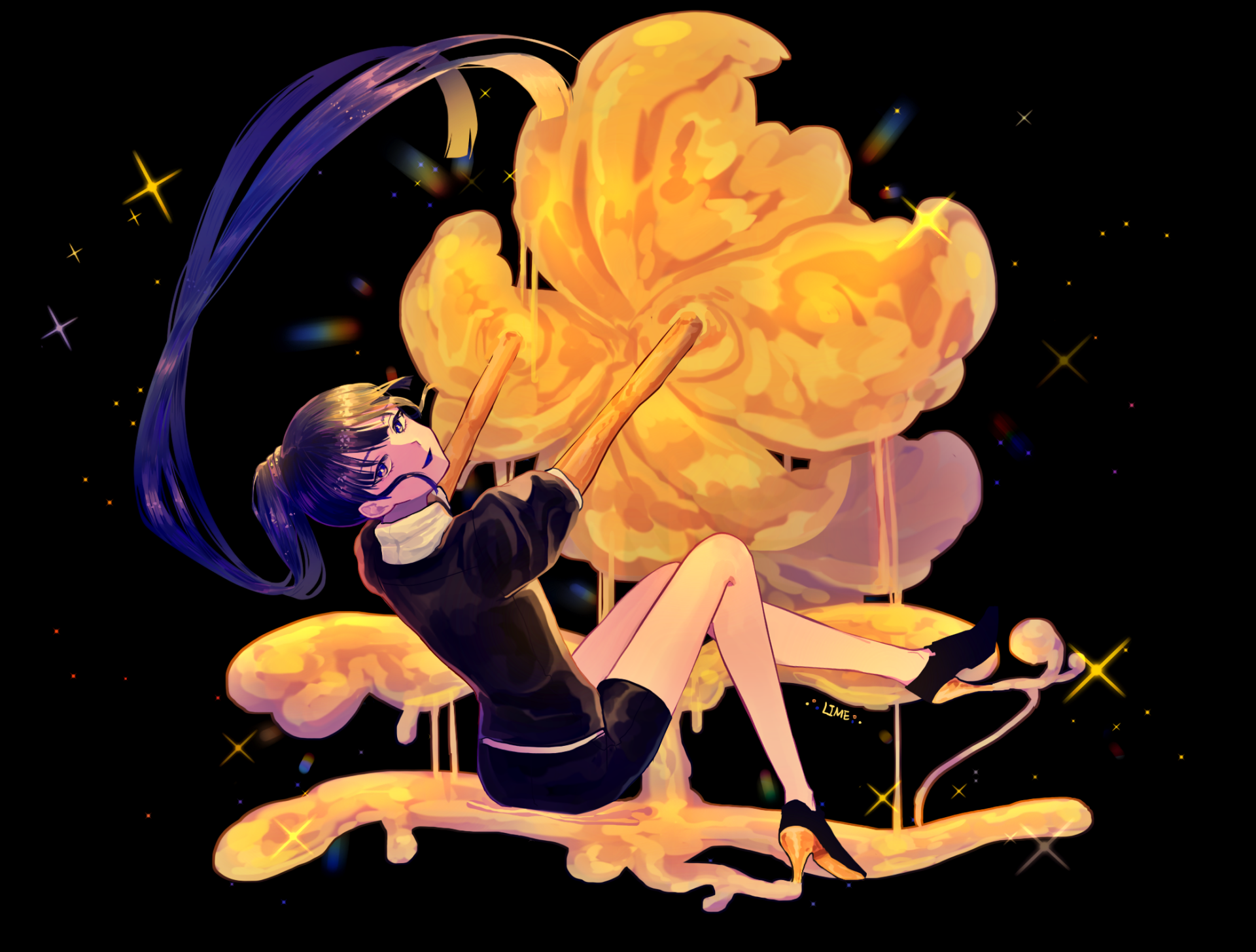 HD PC desktop wallpaper featuring Lapis Lazuli from the anime Land of the Lustrous, surrounded by glowing yellow flowers against a dark starry background.