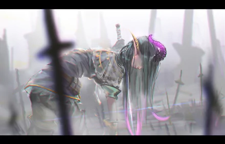 Anime-style original HD desktop wallpaper depicting a mysterious character with long hair and horns, surrounded by sword silhouettes in a foggy, grayscale battlefield.