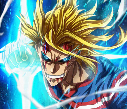 HD desktop wallpaper featuring Toshinori Yagi, also known as All Might, from the anime My Hero Academia. All Might is depicted in an intense, action-packed scene with electrifying energy and determination.