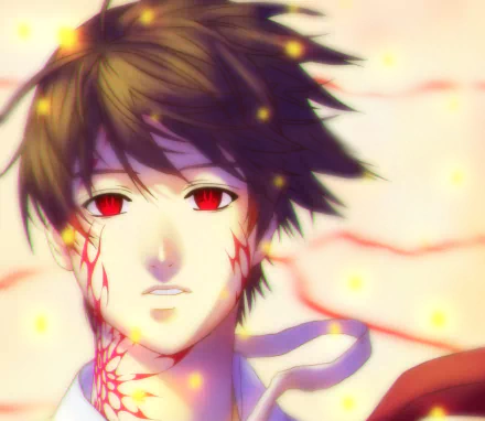 HD anime PC desktop wallpaper featuring Tsukune Aono from Rosario + Vampire with glowing red eyes and detailed facial markings against a softly lit background.