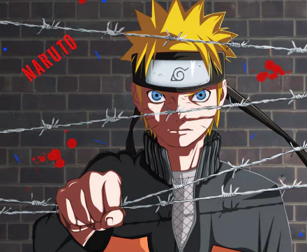 Naruto Uzumaki anime HD PC desktop wallpaper background: fierce close-up of Naruto with headband and blue eyes, gripping barbed wire against a brick wall in a dynamic action pose.
