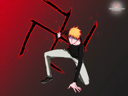 Ichigo Kurosaki (Bleach) crouches with his sword drawn against a red-black backdrop — 2K Quad HD PC desktop wallpaper background.