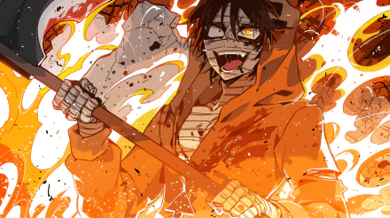 HD desktop wallpaper featuring Zack from the anime Angels of Death, also known as Satsuriku no Tenshi. Zack is depicted with an intense expression, surrounded by a fiery background.