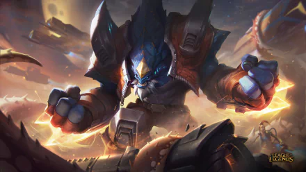 HD PC desktop wallpaper featuring Malphite, a character from the video game League of Legends, depicted in dynamic action with a fiery, battle-themed background.