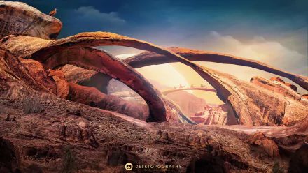 A stunning HD fantasy landscape featuring artistic rock arches and rugged terrain, designed as a vibrant Desktopography PC desktop wallpaper and background.