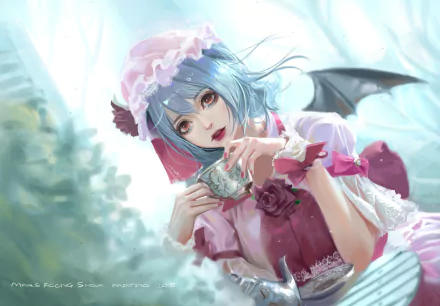 HD PC desktop wallpaper featuring Remilia Scarlet from the anime Touhou, depicted with blue hair, red eyes, bat wings, and a pink frilled outfit holding a teacup.