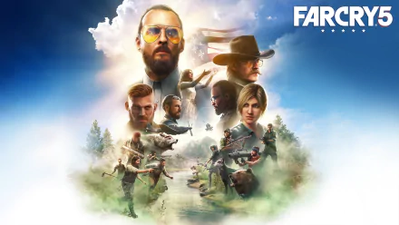 A vibrant HD wallpaper showcasing key characters from Far Cry 5, featuring dramatic scenes of conflict amidst a stunning natural backdrop and an engaging blue sky.
