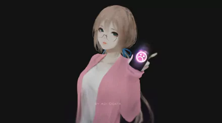 A stylish anime character with glasses and a pink jacket holds a device displaying a sad face, set against a dark background. HD PC desktop wallpaper and background.