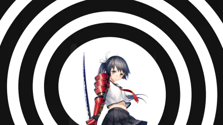 Original Anime character with short dark hair, red armored arm and sword centered on concentric black-and-white rings — HD PC desktop wallpaper/background