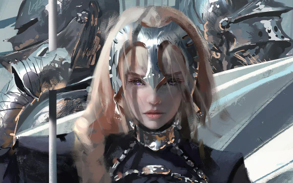 HD PC desktop wallpaper featuring Jeanne d'Arc as Ruler from Fate/Grand Order, depicted in detailed anime style with armor and a determined expression.