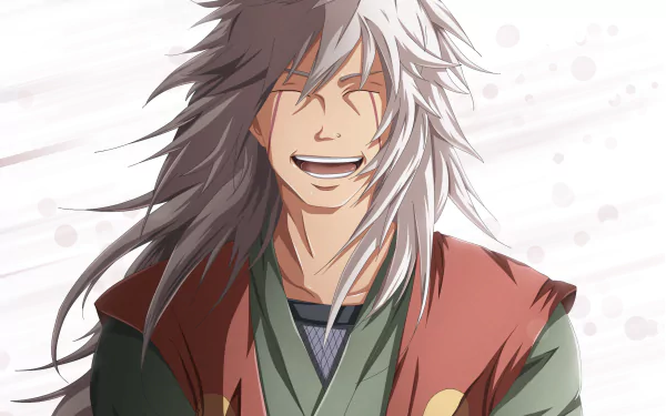 HD desktop wallpaper featuring Jiraiya from the anime Naruto, smiling with long, flowing white hair and wearing his traditional outfit.