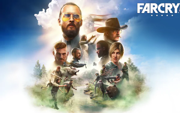 A vibrant HD wallpaper showcasing key characters from Far Cry 5, featuring dramatic scenes of conflict amidst a stunning natural backdrop and an engaging blue sky.
