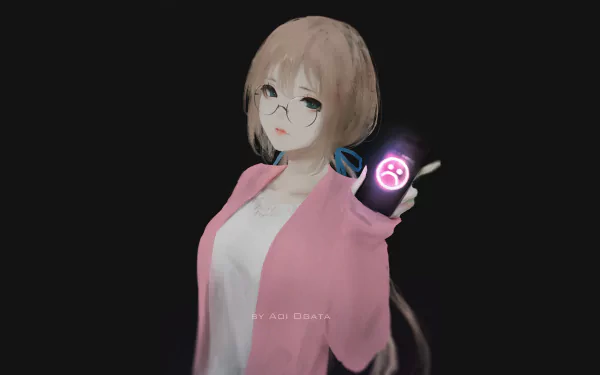 A stylish anime character with glasses and a pink jacket holds a device displaying a sad face, set against a dark background. HD PC desktop wallpaper and background.