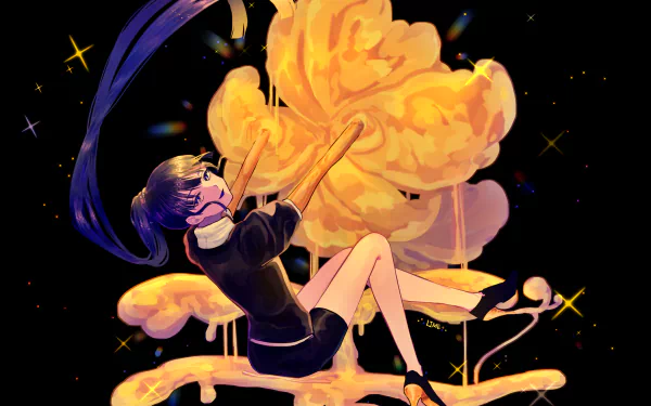 HD PC desktop wallpaper featuring Lapis Lazuli from the anime Land of the Lustrous, surrounded by glowing yellow flowers against a dark starry background.