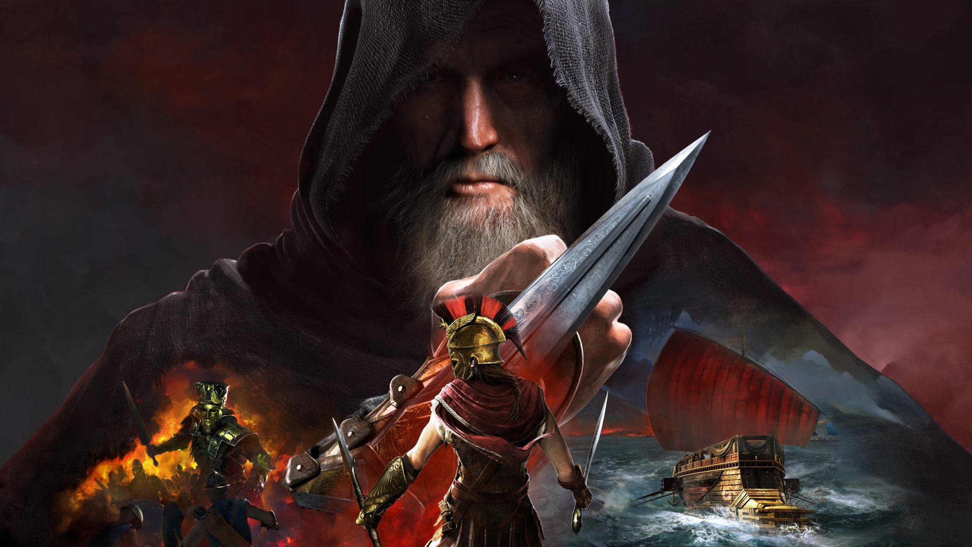 8K Ultra HD Assassin's Creed Odyssey PC wallpaper showing a hooded warrior holding a dagger above a Spartan soldier, with a ship sailing in stormy seas in the background.