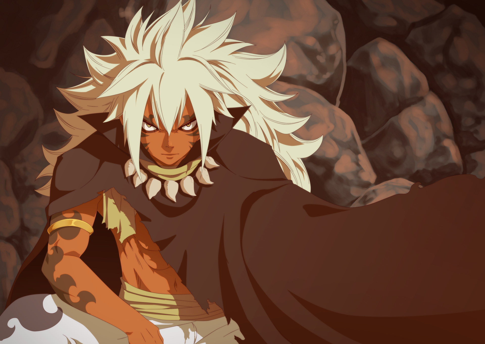 Acnologia from Fairy Tail anime depicted in a dynamic pose with a dark cape, set against a rocky background in an HD PC desktop wallpaper.