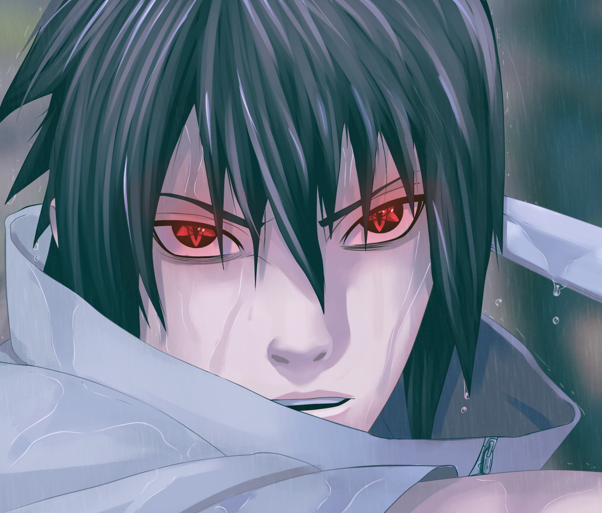 Close-up HD anime wallpaper of Sasuke Uchiha from Naruto, featuring his intense red Sharingan eyes and dark hair against a muted background.