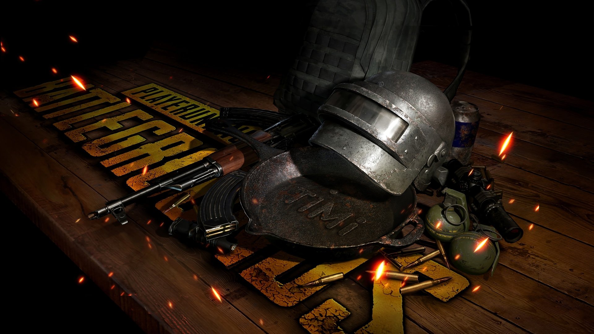 HD desktop wallpaper of PlayerUnknown's Battlegrounds, featuring a helmet, frying pan, rifle, and grenades on a wooden surface with sparks flying around.