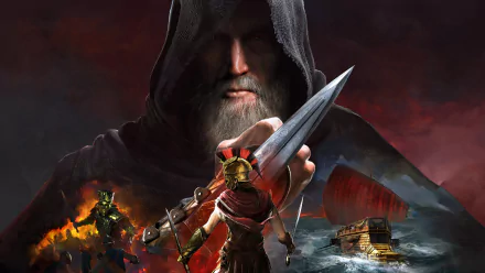 8K Ultra HD Assassin's Creed Odyssey PC wallpaper showing a hooded warrior holding a dagger above a Spartan soldier, with a ship sailing in stormy seas in the background.