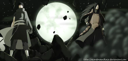4K Ultra HD anime wallpaper featuring Madara Uchiha and Obito Uchiha standing before a large, glowing full moon with floating rocks in a dramatic Naruto scene.