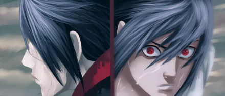 HD PC desktop wallpaper: split close-up portrait of Naruto's Sasuke and Itachi Uchiha, dark hair and glowing red Sharingan eyes, crimson accents and intense, brooding expressions.