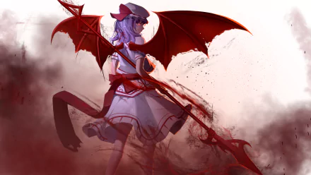 HD desktop wallpaper featuring Remilia Scarlet from the anime Touhou, depicted with red bat wings and a dark, misty background.