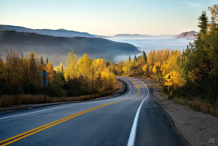 A winding road through autumn-colored trees with misty mountains in the background. This HD landscape image makes for a stunning desktop wallpaper and background.