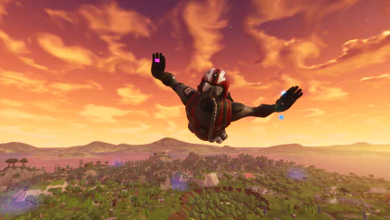 HD Fortnite desktop wallpaper featuring a character skydiving over a vibrant landscape under a dramatic orange sunset sky.