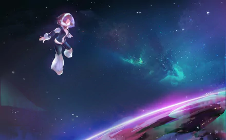 HD PC desktop wallpaper featuring Ochaco Uraraka from My Hero Academia floating in a cosmic space scene above a glowing planet.