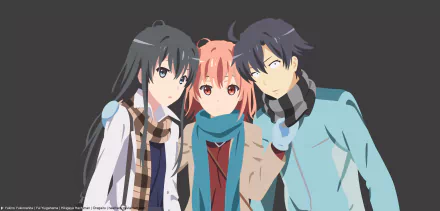 Minimalist 4K Ultra HD anime wallpaper featuring Yukino Yukinoshita, Yui Yuigahama, and Hachiman Hikigaya from My Teen Romantic Comedy SNAFU.