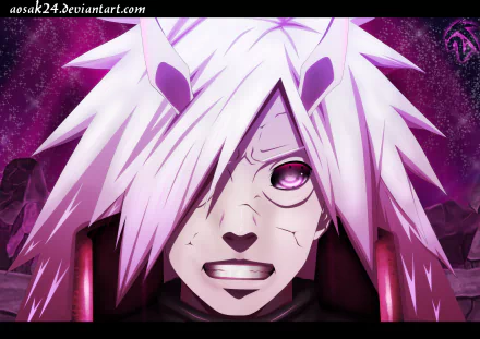 HD PC desktop wallpaper: Madara Uchiha (Naruto) anime close-up with white hair, glowing purple eye and cracked facial markings set against a starry purple background.