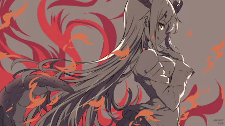 HD desktop wallpaper of Tohru from the anime Miss Kobayashi's Dragon Maid, featuring an artistic depiction of Tohru with long flowing hair, dragon horns, and a background with dynamic red and orange flames.