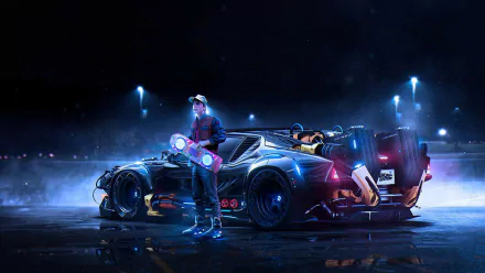 HD desktop wallpaper featuring Marty McFly with a hoverboard and the DeLorean from the movie Back To The Future, set against a nighttime backdrop.