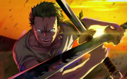 HD PC desktop wallpaper of Roronoa Zoro from One Piece, depicted with intense expression and swords drawn against a vibrant, fiery orange background.