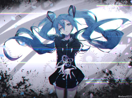 HD desktop wallpaper featuring Hatsune Miku, an anime-style Vocaloid character with long blue pigtails, set against an abstract background with gear motifs and artistic distortions.