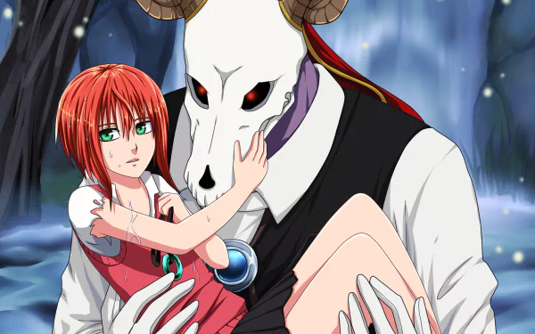 Chise Hatori cradled by Elias Ainsworth in a snowy forest — anime HD PC desktop wallpaper from The Ancient Magus' Bride