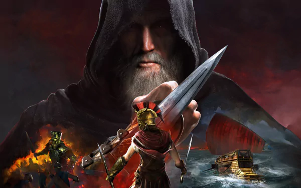 8K Ultra HD Assassin's Creed Odyssey PC wallpaper showing a hooded warrior holding a dagger above a Spartan soldier, with a ship sailing in stormy seas in the background.